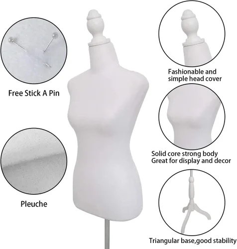 Miniatura 3 de Maniquí de Vestido Femenino Torso con Soporte de Trípode Ajustable para Exhibición de Vestidos y Joyas (Blanco)