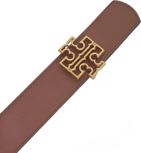 Miniatura 4 de Tory Burch 141742 Britten Logo Negro/Bronceado clásico con herrajes dorados Cinturón reversible de 1.5 pulgadas de ancho para mujer