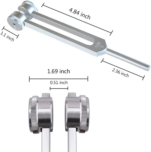 Miniatura 4 de Tenedor de afinación, 128 Hz, pesas de aluminio de grado clínico nervioso/sensorial con martillo de silicona y paño de limpieza, empaquetado