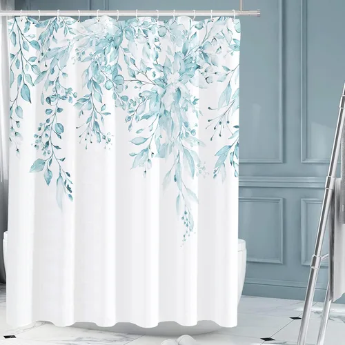 Tititex Spun Sugar - Juego de cortinas de ducha de eucalipto azul claro, hojas de acuarela brillantes en la parte superior, decoración floral de