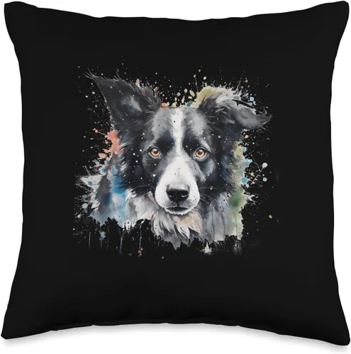 Watercolor Dog Face Of Border Collie Colorful Border Collie - Almohada de acuarela de 16 x 16 pulgadas, multicolor