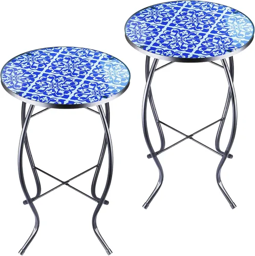 Miniatura 12 de Arbuxzuy Mesa auxiliar pequeña de 12 pulgadas para exteriores con mosaico azul-blanco, mesa de patio con mosaico de vidrio para interiores, mesa