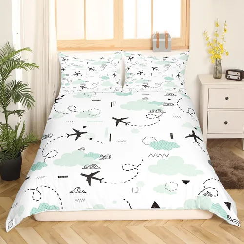 Miniatura 16 de Erosebridal Funda de edredón de avión tamaño individual, juego de ropa de cama de aviones de dibujos animados para adolescentes, color verde azulado