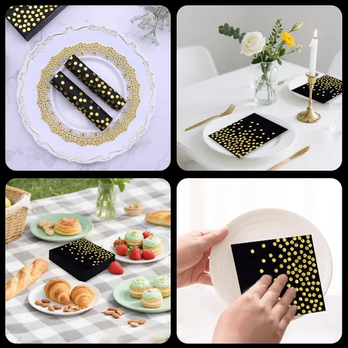 Miniatura 7 de 100 servilletas de cóctel desechables negras – Servilletas de papel negro y dorado para cumpleaños, boda, aniversario, Año Nuevo, fiesta