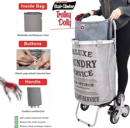 Miniatura 3 de dbest products Carrito de lavandería para escaleras con ruedas, Gris Bolsa de lavandería con cesta y organizador con ruedas