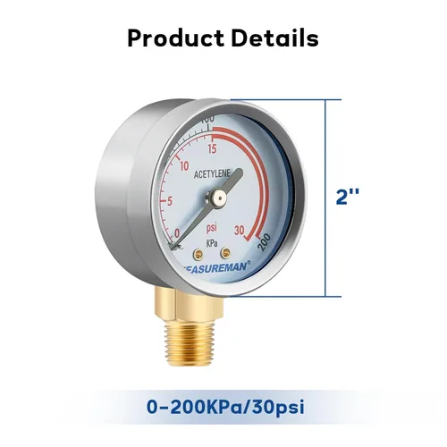 Miniatura 3 de MEASUREMAN Manómetros de baja y alta presión para regulador de acetileno 0-30 psi y 0-400 psi - 2 pulgadas (par) con rosca de 1/4" para reguladores