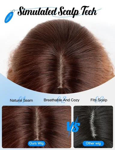 Miniatura 5 de HAIRCUBE Peluca larga con flequillo, pelucas sintéticas onduladas para mujer, color castaño rojizo