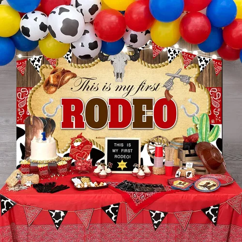 Miniatura 4 de This is My First Rodeo - Telón de fondo de madera de vaquero occidental, estampado de vaca, fondo de cumpleaños, decoración de fiesta de primer