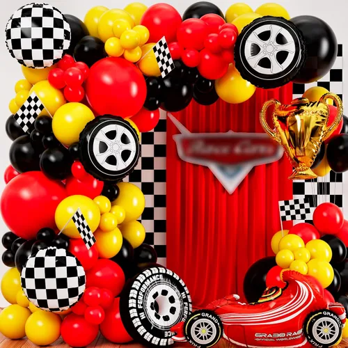 Kit de arco de globos de coche de carreras TODO-EN-1 y guirnalda con TROFEO de REGALO y Número 2 - Globos de coches de carreras para suministros de