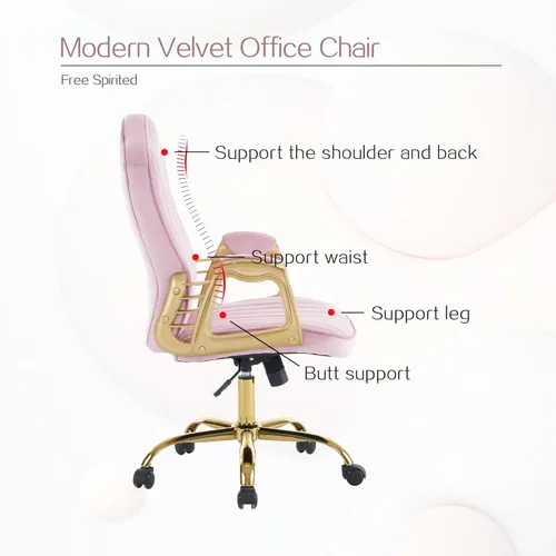Miniatura 5 de Silla de oficina en casa de terciopelo con brazos y patas dorados, cómoda silla de escritorio giratoria tapizada y capitonada, cómoda con ruedas Rosa