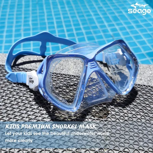 Miniatura 6 de Seago Gafas de natación para niños con cubierta para la nariz, máscara de esnórquel, máscara de buceo y natación, vidrio templado antivaho con Azul