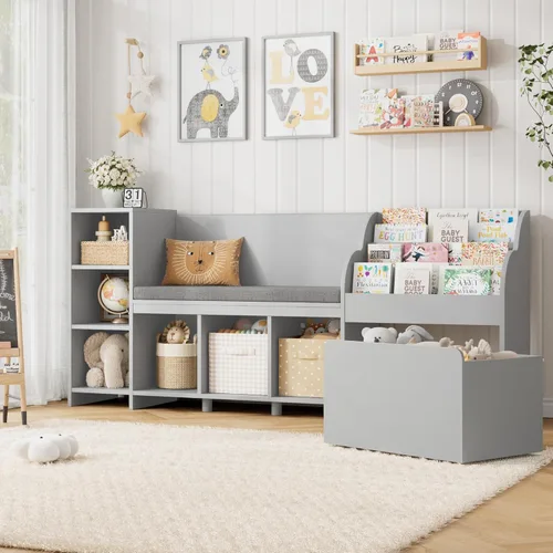 Miniatura 10 de HOSTACK Rincón de lectura para niños de 67 pulgadas de ancho con organizador de almacenamiento de juguetes, estantería grande para niños con caja