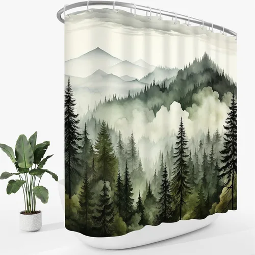 Miniatura 30 de Cortina de ducha pequeña de 36 x 72 pulgadas, cortina de medio tamaño de bosque brumoso, cortina de ducha estrecha mitad negra y blanca de montaña