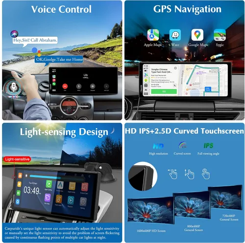 Miniatura 6 de Carpuride Carplay inalámbrico portátil 4K W903 y Android Auto con cámara de salpicadero, pantalla HD IPS de 9.3 pulgadas, cámara frontal 4K