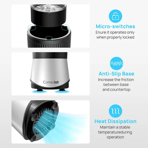 Miniatura 6 de Consciot CB08 Combo de licuadora y molinillo de 16 piezas para cocina y tamaño personal, mezcla batidos y licuados, bebidas congeladas, comida