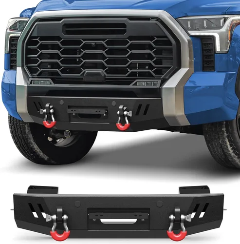 Miniatura 14 de Parachoques delantero Tundra para Tundra 2014-2021, parachoques de acero inoxidable texturizado negro con placa de grúa, barra de luz larga de 144W