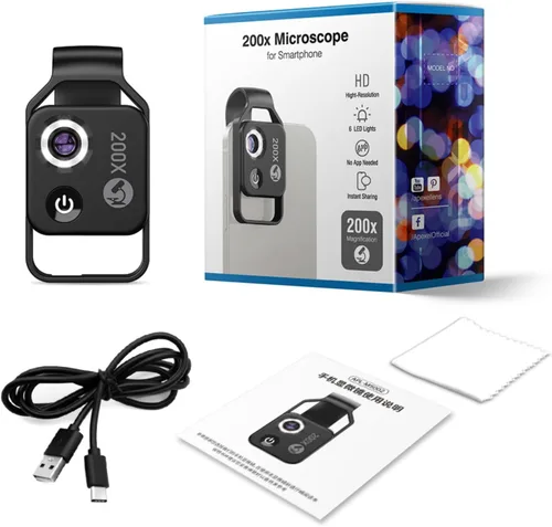 Miniatura 9 de Diyeeni Microscopios de bolsillo para teléfono, 200X Zoom Clip en Microscopios Lupa con lente CPL y luz LED, lente microscópica portátil