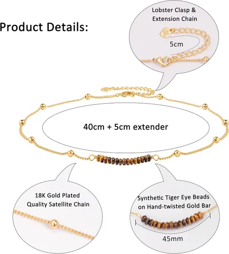 Miniatura 4 de PERNNLA PEARL Gargantilla de Cadena de Bolas de Satélite de Bordillo Chapada en Oro de 18K, Collar de Barra con Cuentas de Turquesa Sintética