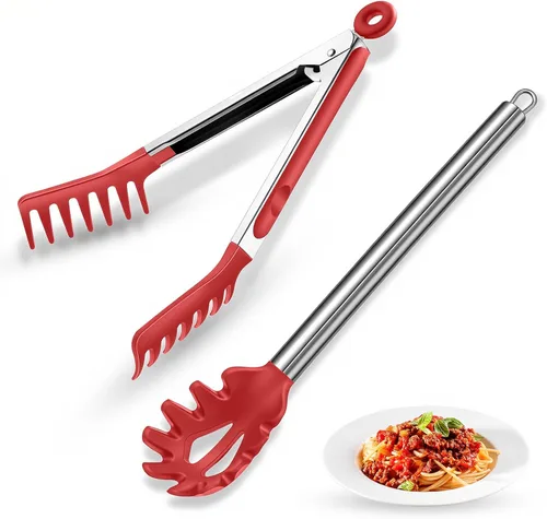 Miniatura 9 de Cuchara de espagueti y pinza para pasta con dientes de agarre y orificios de drenaje, cabezal de silicona antiadherente de 2 piezas con mango