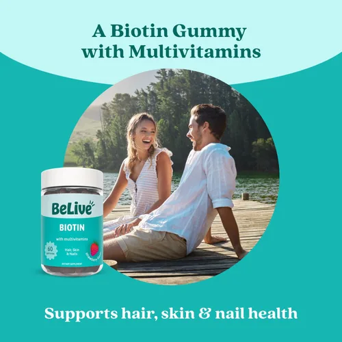 Miniatura 3 de BeLive Gomitas de biotina con multivitaminas, ácido fólico, inositol, apoya el crecimiento del cabello, piel y uñas saludables, veganas, a base