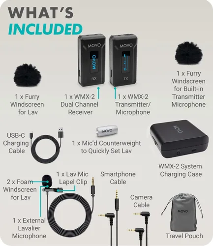 Miniatura 7 de Movo WMX-2 Micrófono inalámbrico para cámara con estuche de carga, micrófono Lavalier para cámaras DSLR, Vlogging, creación de contenido, cine