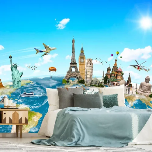 Miniatura 3 de Bormia Mural - Papel tapiz con mapa de viaje en globo, famoso lugar de interés en todo el mundo, mural de pared para sala de estar y dormitorio