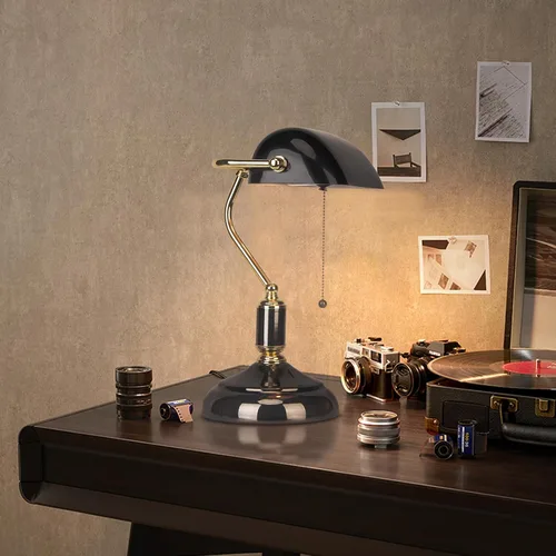 Miniatura 2 de FIRVRE Bankers - Lámpara de escritorio con interruptor de cadena de tracción con enchufe, lámparas de escritorio con pantalla de vidrio negro, base