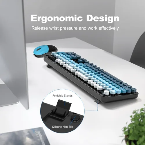 Miniatura 3 de Combo de teclado y mouse inalámbricos, teclado retro de tamaño completo de 2.4 GHz con teclado numérico y mouse inalámbrico para Negro azul