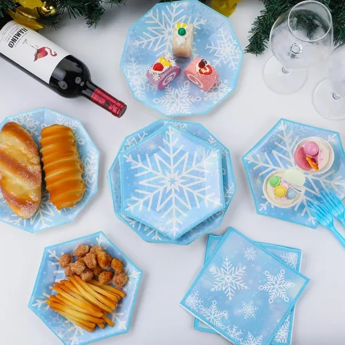 Miniatura 5 de Sirve 24 platos de papel de copo de nieve de Navidad, servilletas de almuerzo azul de nieve de invierno, juego de vajilla desechable de copo