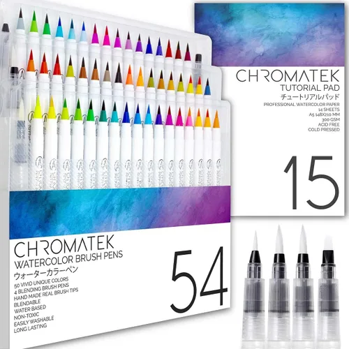 CHROMATEK Juego de 54 bolígrafos de acuarela | Incluye bloc de 15 páginas y serie de tutoriales de video en línea | 4 Aquapens y 50 colores únicos |