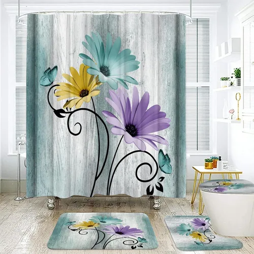 Miniatura 11 de Onalasyc Juego de 4 Piezas de Cortinas de Ducha con Flores de Margaritas Azules y Plantas, Cortina de Ducha y Alfombra y Accesorios, Juego