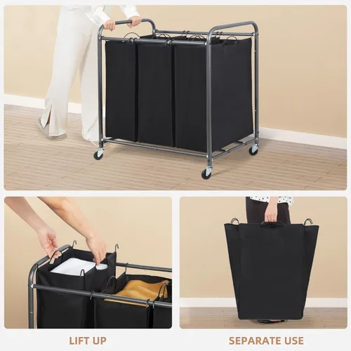 Miniatura 4 de STORAGE MANIAC Clasificador de ropa de 3 secciones, carrito de cesto de ropa de 35.9 galones (136 L) con ruedas resistentes rodantes con bloqueo