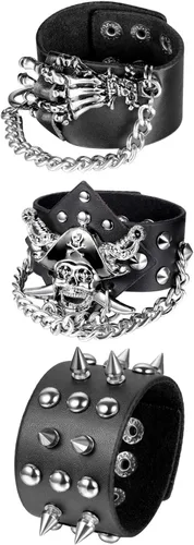 Avaner Paquete de 1 a 3 pulseras de cuero punk de correa ancha de metal negro con tachuelas, pulsera gótica para disfraz de motociclista de rock,
