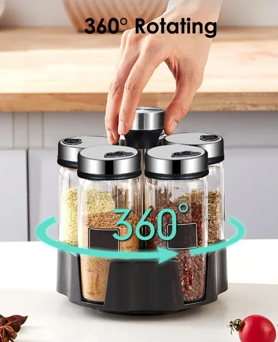 Miniatura 2 de Organizador giratorio para especias, estante giratorio para condimentos con 5 tarros grandes de vidrio de 6.8 fl oz para armario de encimera