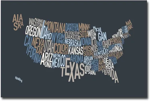 Trademark Fine Art Mapa de texto de Estados Unidos III, arte en lienzo por Michael Tompsett, 16 x 24 pulgadas