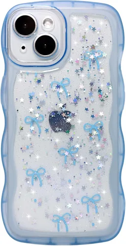 Miniatura 32 de Qokey Funda para iPhone 12 Pro Max de 6.7 pulgadas, diseño de onda rizada, borde transparente, brillante con purpurina, estrella brillante, bonita