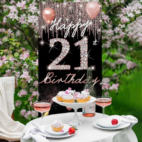 Miniatura 5 de Decoración de cumpleaños número 21 – Cartel de puerta de oro rosa, letrero de patio de fiesta y accesorios para cabina de fotos, tela, resistente