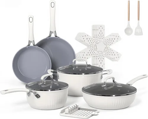 Ammeloo Juego de utensilios de cocina de cerámica acanalada de 15 piezas, juego de ollas y sartenes antiadherentes, listo para inducción, juego de