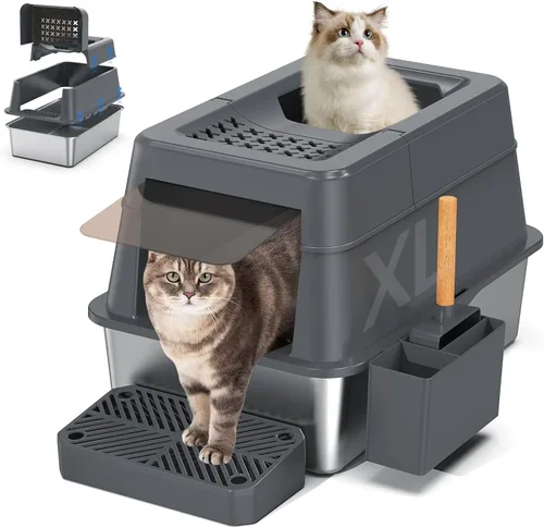 Miniatura 11 de Aphyxen Caja de arena de acero inoxidable con tapa, caja de arena para gatos extra grande cerrada para todos los gatos, diseño modular con tapa
