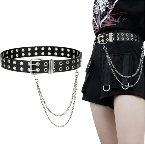 Miniatura 10 de FIORETTO Cinturón de cuero con ojales y cadena desmontable para mujeres y hombres, cinturones de cintura punk rock para pantalones vaqueros