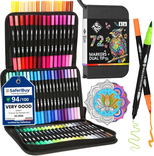ZENO Juego de 72 marcadores de doble punta con estuche - Marcadores de arte que no se corren para adultos - Puntas finas y de pincel - Bolígrafos de
