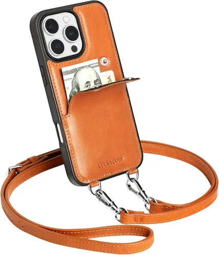 Miniatura 11 de LUCKYCOIN Funda tipo cartera cruzada para iPhone 14 Pro, funda de piel auténtica con protección contra caídas para mujer, con tarjetero expandible