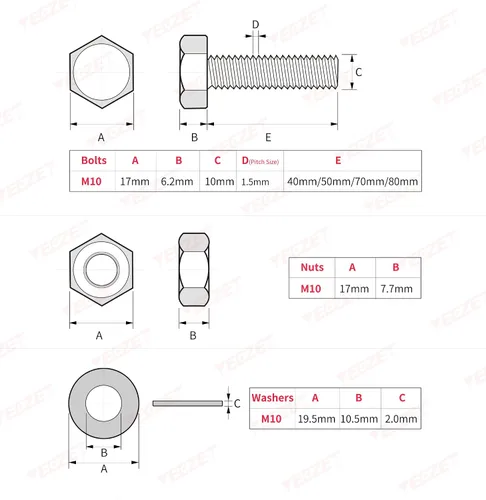 Miniatura 4 de Juego de 12 tornillos y tuercas de acero inoxidable M10 de alta resistencia, juego surtido de arandelas planas y de bloqueo, acero inoxidable 304