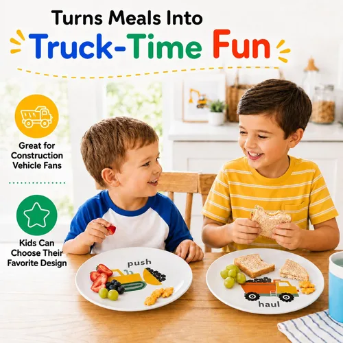 Miniatura 5 de Tiny Expressions - Placas de construcción para niños pequeños - Juego de 4 platos de melamina para niños - Excavadora, mezcladora de cemento