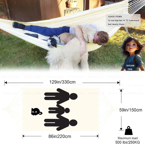Miniatura 3 de GOCAN - Hamaca doble brasileña para 2 personas, 129.9 x 59 pulgadas, carga de 500 libras, lona de algodón, hamaca para patio, porche, jardín, patio