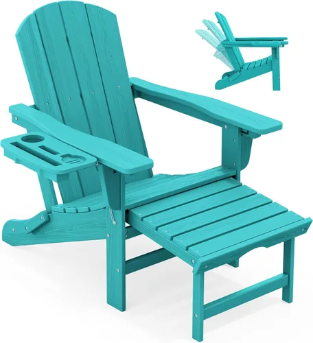 Miniatura 14 de KINGYES Silla Adirondack plegable ajustable con otomana retráctil, silla reclinable Adirondack de polietileno de alta densidad con soporte