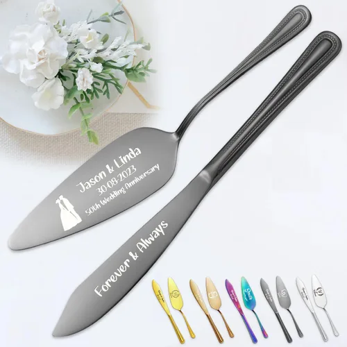 Miniatura 13 de Juego personalizado de corte de pasteles para boda, servidor de pastel de boda grabado gratis, cuchillo de pastel de acero inoxidable y juego