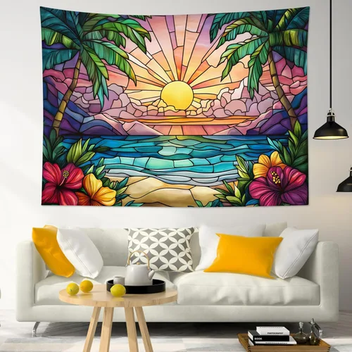 Miniatura 13 de LB Tapiz de hongos para colgar en la pared, luna y estrella en beige, tapiz de pared para dormitorio, estética de planta verde, arte de pared