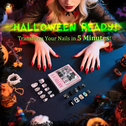 Miniatura 8 de Artquee Uñas postizas a presión de Halloween, paquete de 4 96 piezas, puntas postizas ovaladas cuadradas cortas con diseños de fantasma, llama