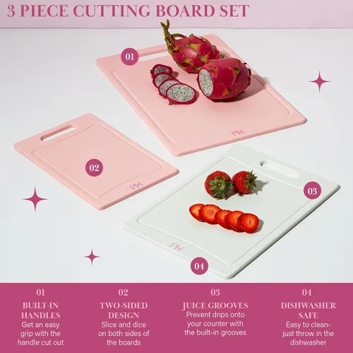 Miniatura 3 de Paris Hilton - Tablas de cortar de doble cara, juego de tablas de cortar con ranuras integradas para jugos, asas de fácil agarre, plástico
